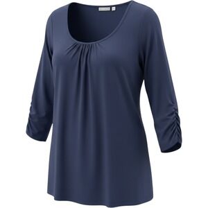 Susan Graver Liquid Knit Navy Blue Scoop Neck Pleated 3/4 Ruched Sleeve Top 2X